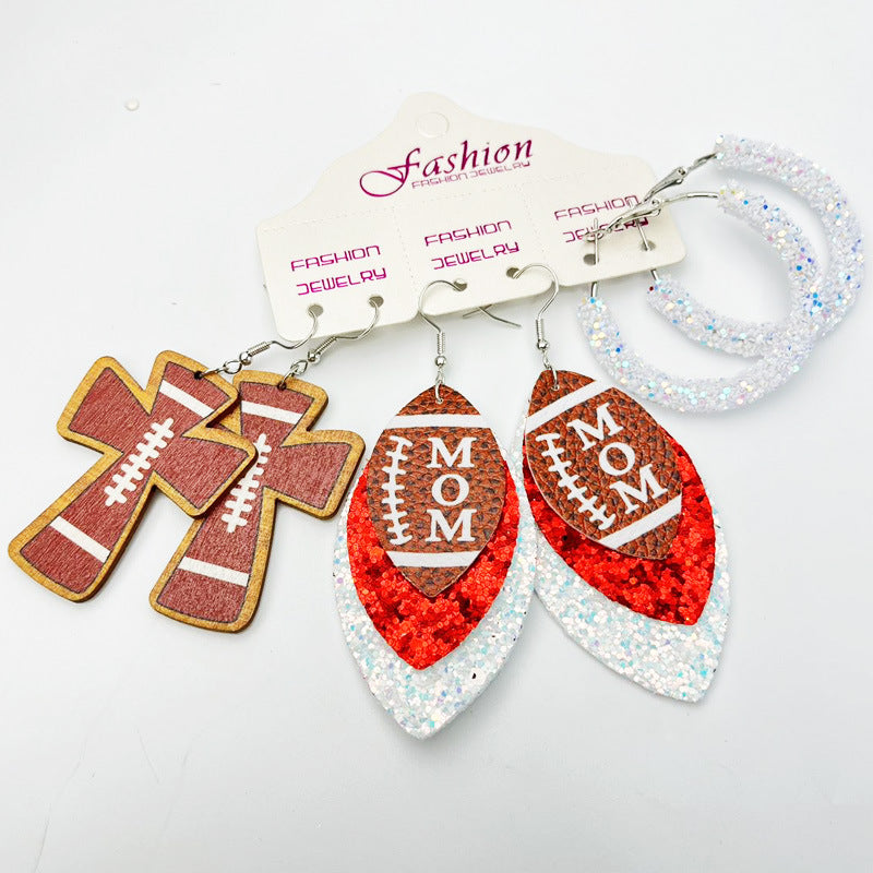 Football Mom Leather Earring Set with Cross and Glitter Hoop Design