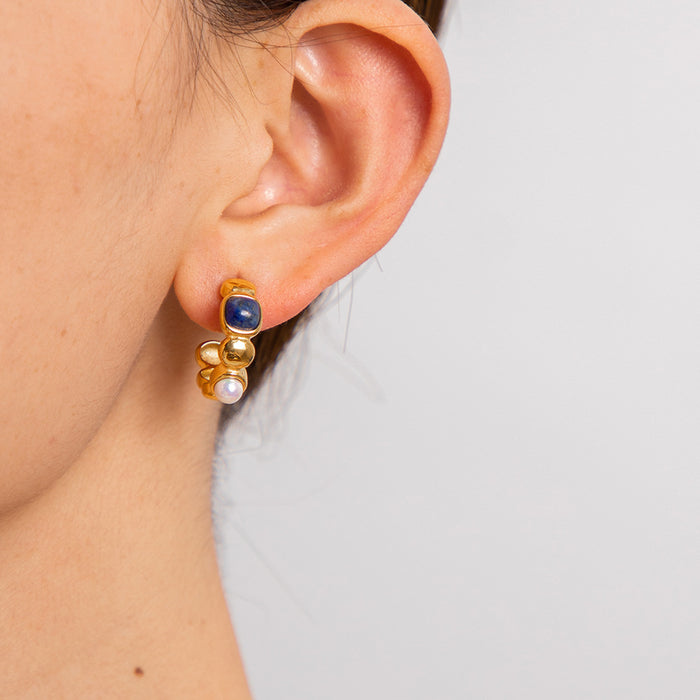 18K Gold Plated Stainless Steel C-Shape Earrings with Lapis Lazuli, Amazonite, and Pearl Pendants - Fashion Jewelry