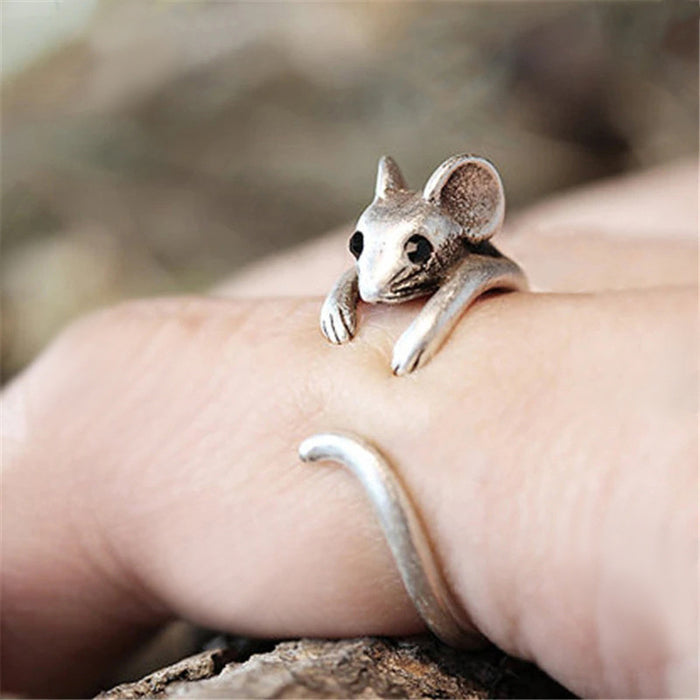 Anillo de ratón abierto con forma de círculo de animal retro para dedo índice