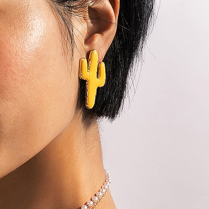 Yellow oil drop earrings geometric cactus stud earrings