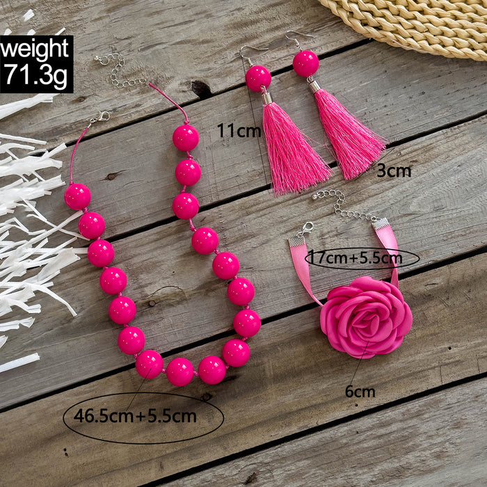 Conjunto de collar con lazo de rosa roja y pulsera de cuentas acrílicas: joyas para mujer con aretes a juego