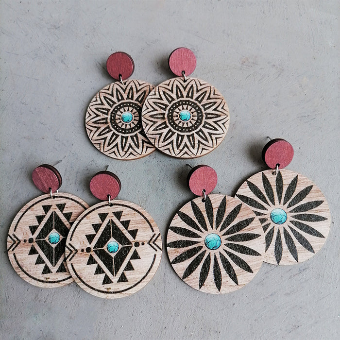 Wooden round flower earrings