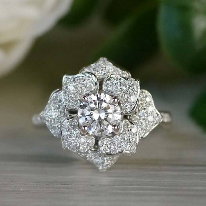 Luxury full diamond zircon flower ring business event hand jewelry