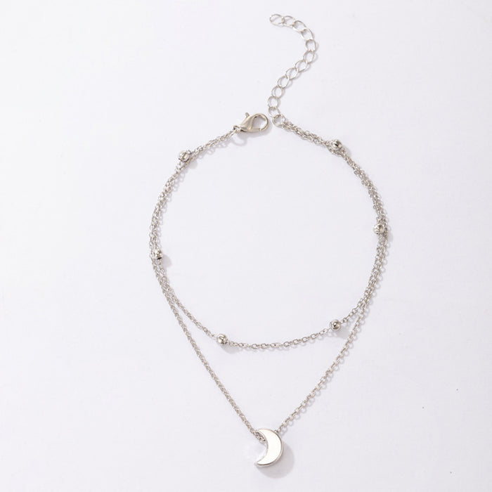 Silver Moon Double Layer Anklet with Geometric Crescent Bead Multi-Layer Chain