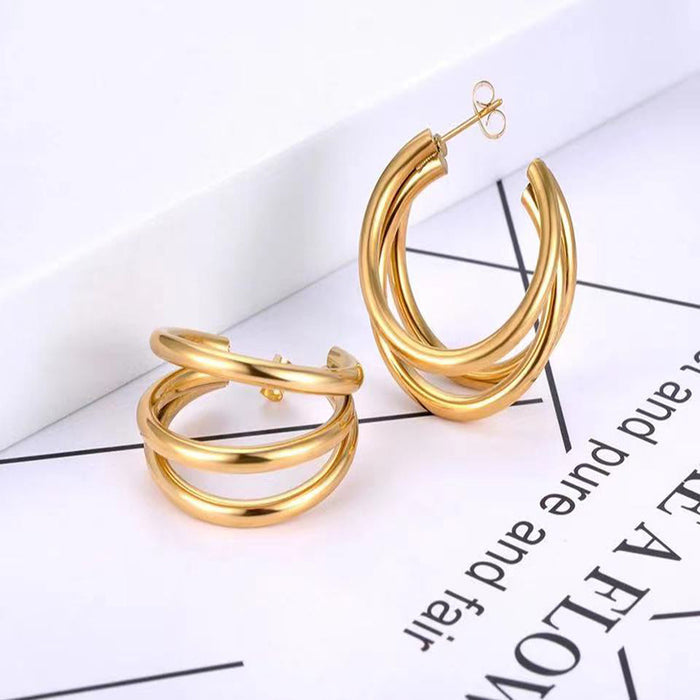 Titanium Steel Multi-layer Round Wire Round Earrings Women's Geometric Gold Plated 18K