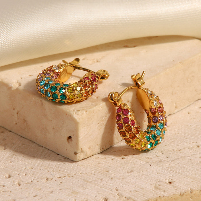 European Style New 18K Gold-Plated Full Pave Rainbow Zircon Earrings - Fashionable Jewelry for Women