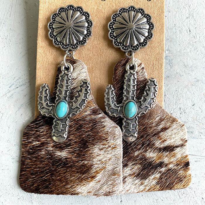 Bohemian Animal Print Leather Earrings with Pumpkin Flower and Turquoise Design