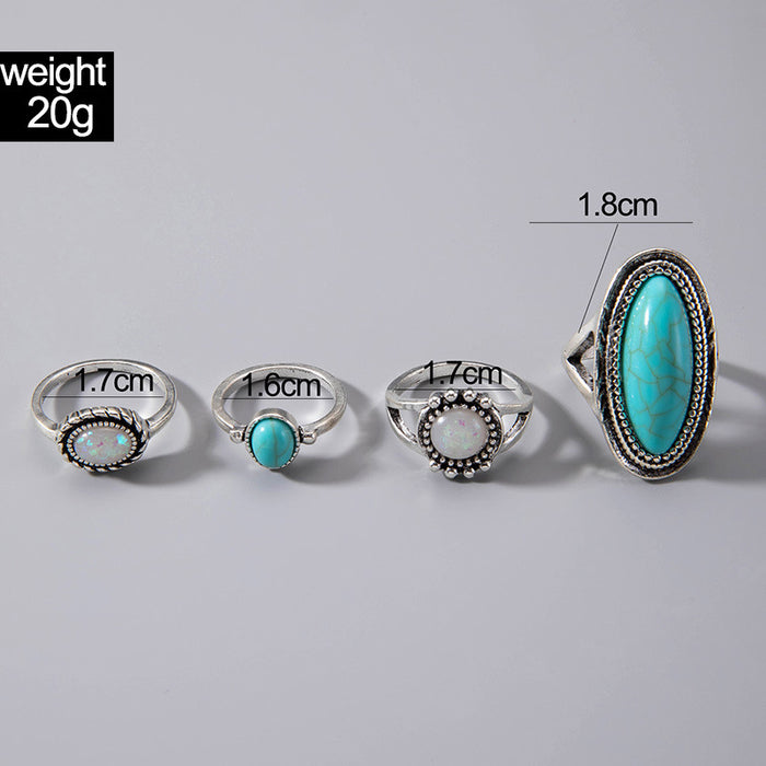 Green Turquoise Gemstone Ring Set - 4pcs Oval Opal Rings