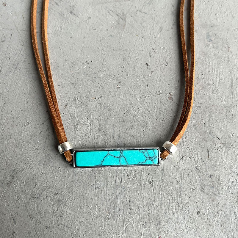 Minimalist Western Cowboy Necklace with Geometric Turquoise Pendant on Leather Cord