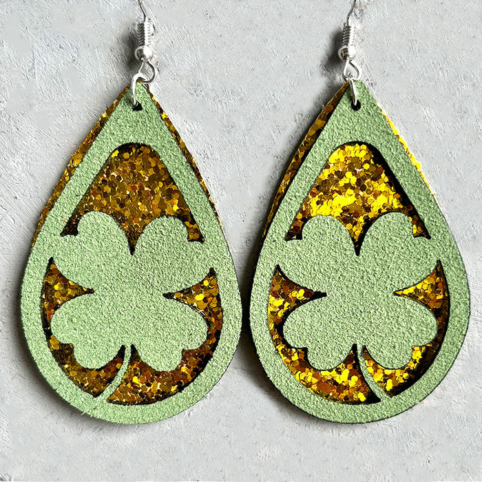 Pendientes brillantes con forma de lágrima y diseños de cerveza hueca y trébol para el Día de San Patricio