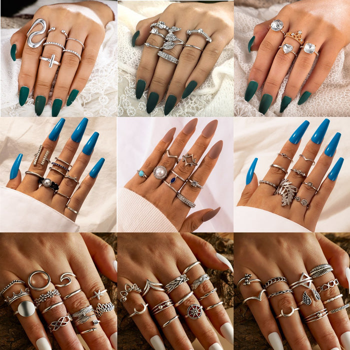 Silver flower geometric cold style ring multi-piece set