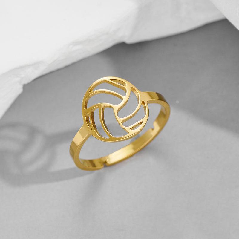 Stainless steel hollow volleyball rings, 18K gold electroplated open geometric rings wholesale