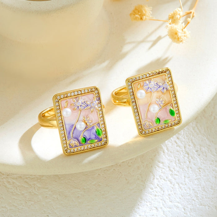 Wholesale copper micro-inlaid enamel painted drip flower open ring