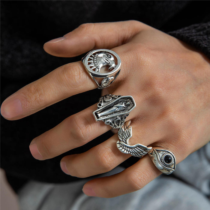 Punk Style Cross Wing Ring Set – Unique Bold Eye & Eagle Men's Rings, 4-Piece Collection