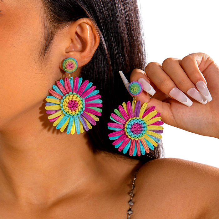 Bohemian woven raffia large flower earrings colorful pineapple holiday style earrings