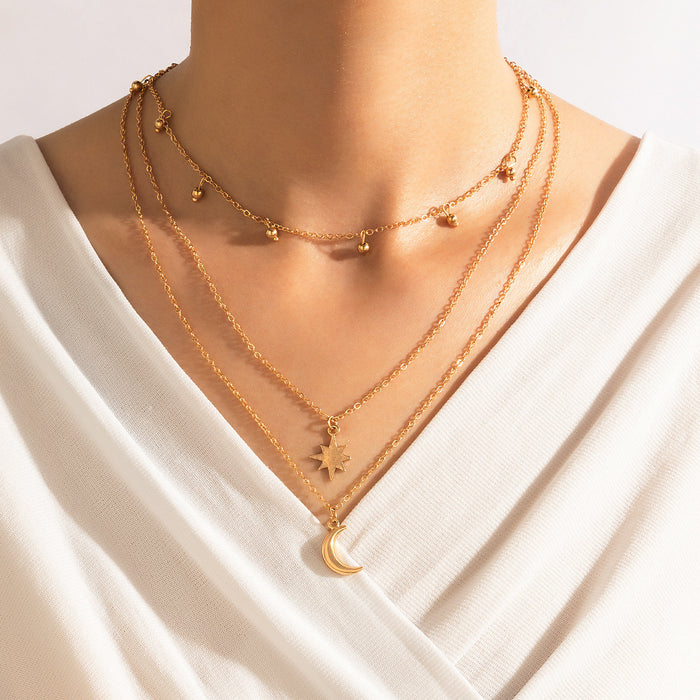 Triple Layered Moon Pendant Necklace - Gold Chain with Dainty Charms