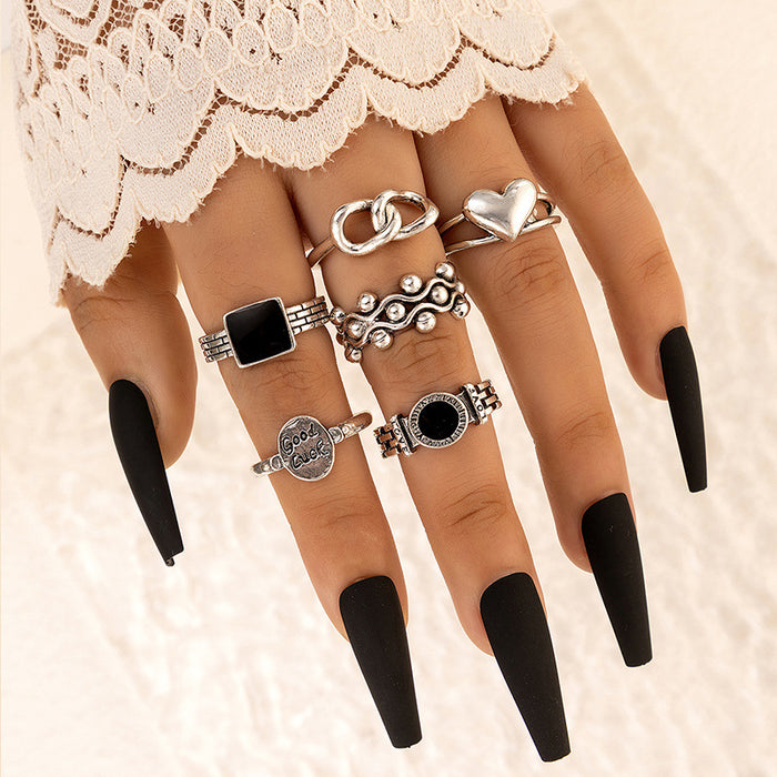 Black Geometric Mushroom Alphabet 6-Piece Ring Set