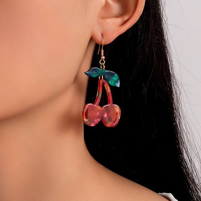 Resin coconut palm ear hook geometric cherry earrings