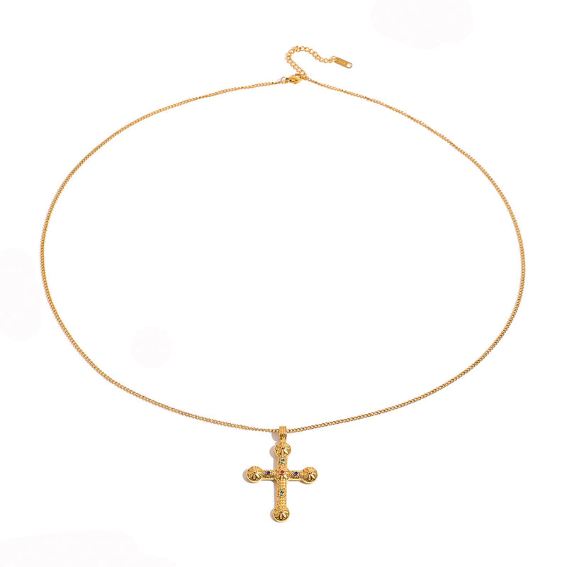 Stainless steel diamond cross necklace fashion sweater chain titanium steel necklace - wallojewerly 