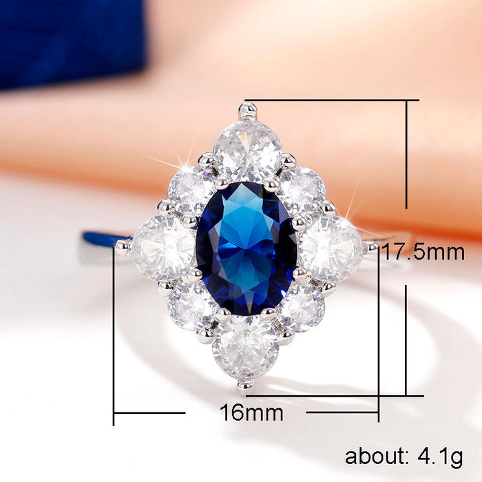 Light luxury royal blue zircon ring egg-shaped luxury encircled ladies ring