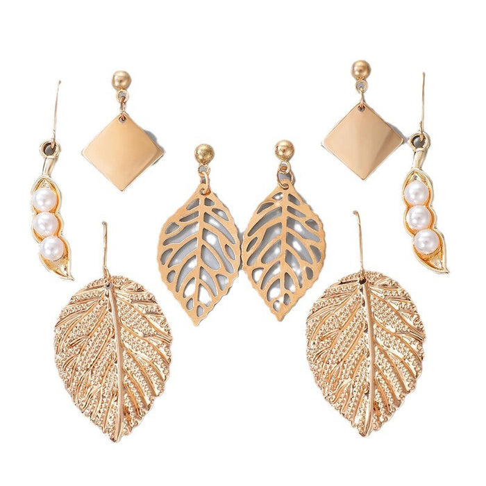 Vintage golden leaf pea temperament earrings four-piece set