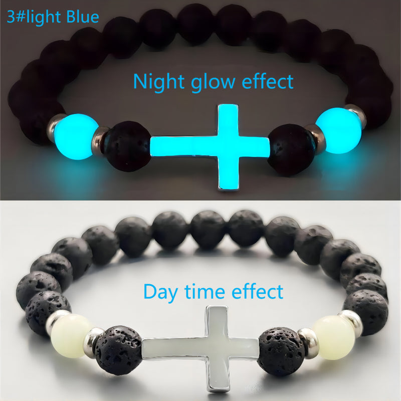 Wholesale Multi-colored Glow-in-the-Dark Volcanic Stone Bracelets with Cross Beads - wallojewerly 