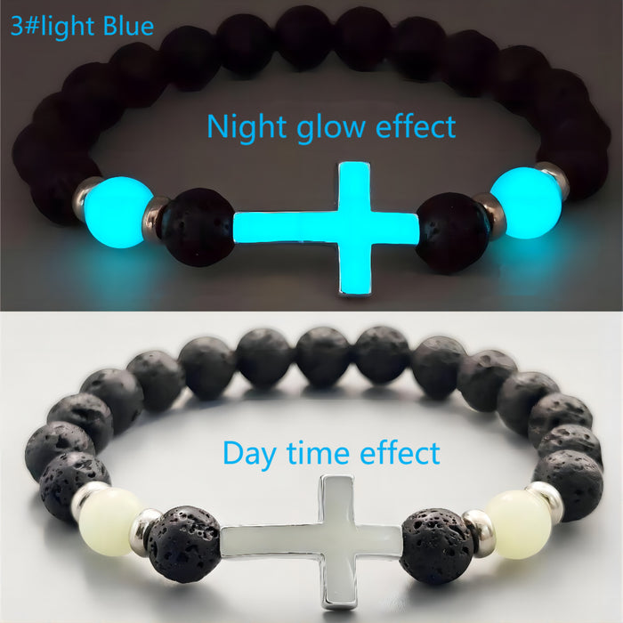 Wholesale Multi-colored Glow-in-the-Dark Volcanic Stone Bracelets with Cross Beads - wallojewerly 