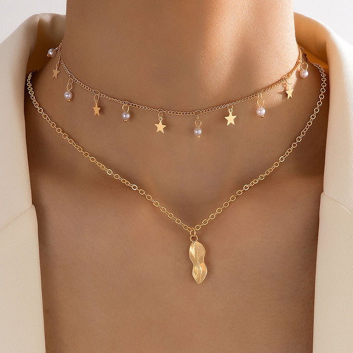 Conjunto de collar de perlas de estrella y maní de doble capa: diseño elegante y único