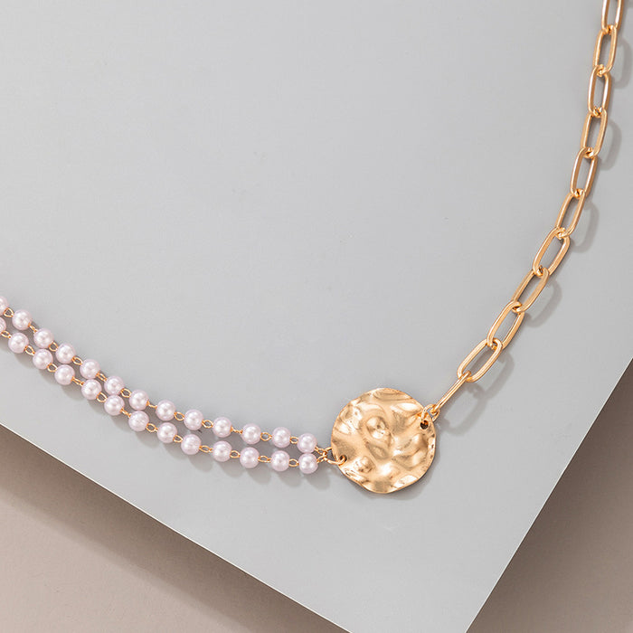 Asymmetric Pearl Chain with Unique Round Disc Single Layer Trendy Clavicle Necklace