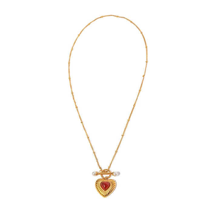 Collar de acero inoxidable con forma de corazón de ágata roja y colgante de perla en oro de 18 quilates - Joyería de moda para mujer