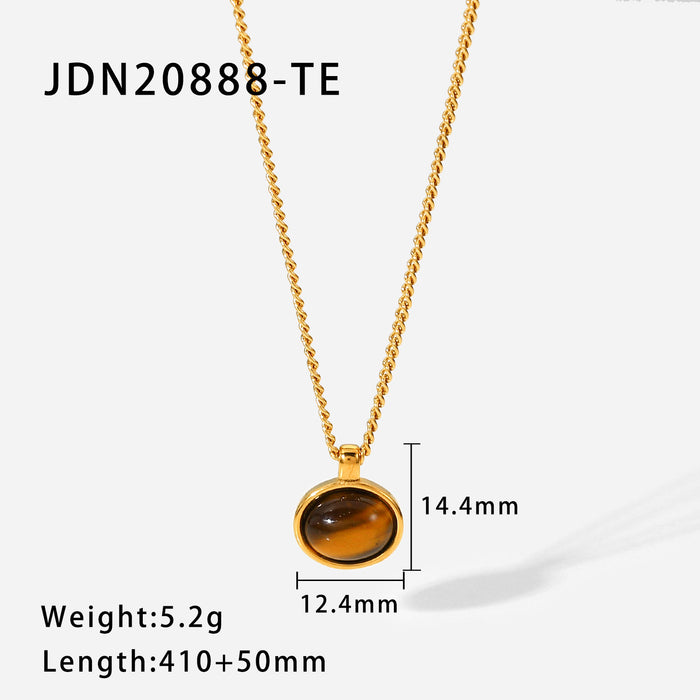 Vintage Oval Natural Stone Pendant Necklace - 18K Gold-Plated Stainless Steel Chain for a Timeless Look