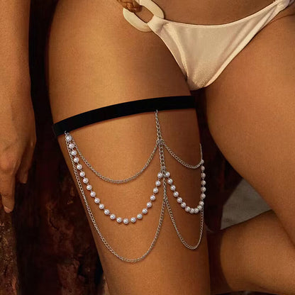 Bohemian beach style imitation pearl leg chain tassel thigh chain