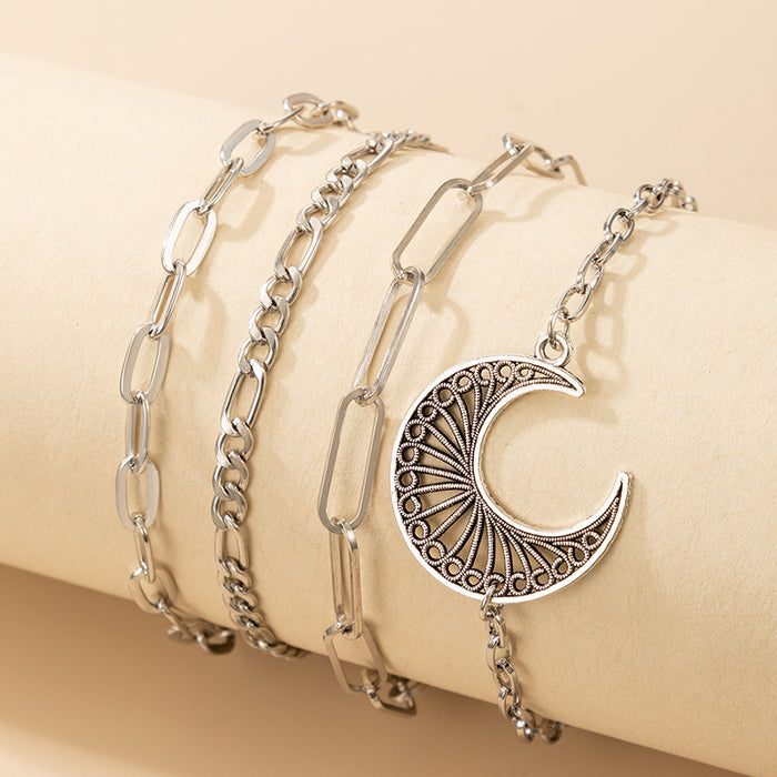 Pulsera de estilo étnico bohemio: colgante de luna atrevido con cadena gruesa, juego de cuatro piezas