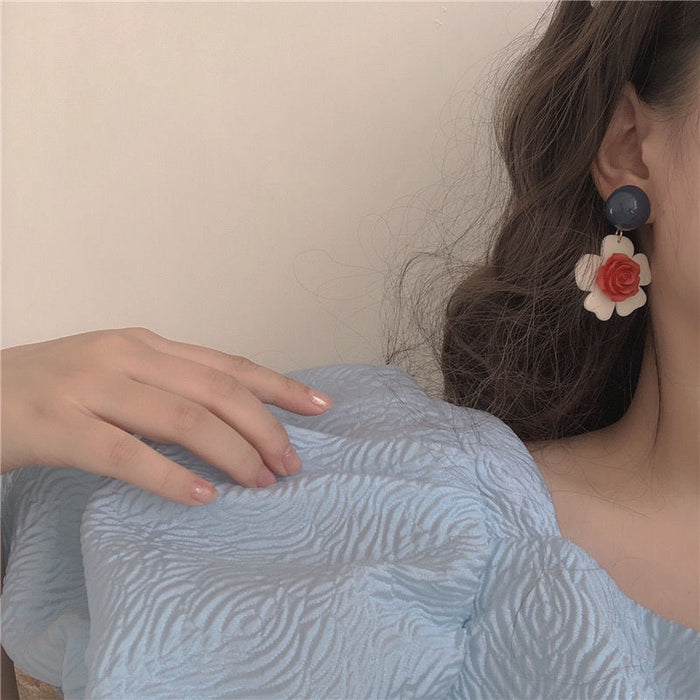 Contrast color flower earrings | Retro Hong Kong style rose elegant ear clips