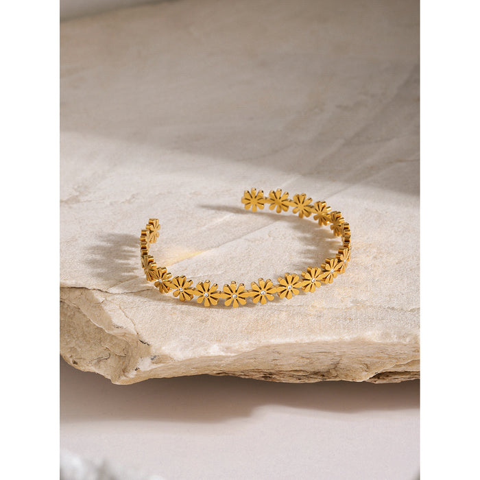 18K Gold Plated Stainless Steel Daisy Pearl Open Cuff Bracelet - Luxury Zircon Jewelry for Women