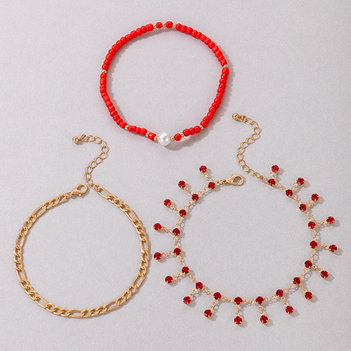 Red Tassel and Pearl Anklet with Alloy Beads and Multilayer Design