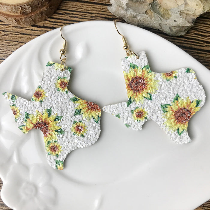 Pendientes bohemios de girasol y cabeza de vaca con mapa de Texas y colgante de botella