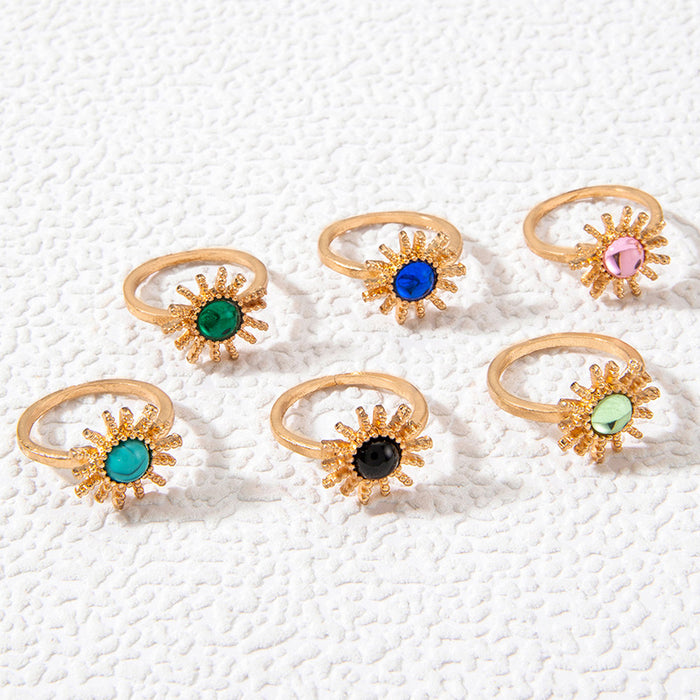 Colorful Gemstone Sun Ring Set - Trendy Turquoise Six-Piece Set for Women