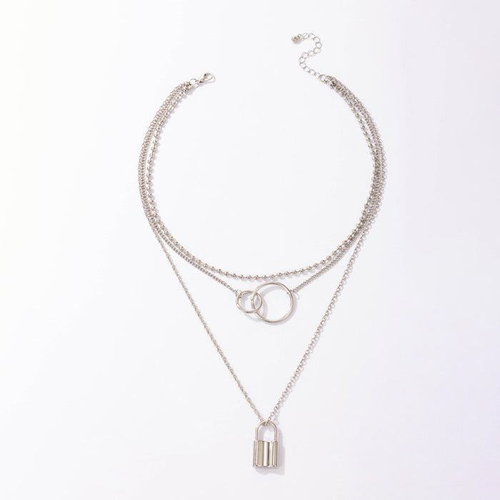 Round Bead Lock Pendant Multilayer Necklace - Geometric Triple-Layer Chain Set