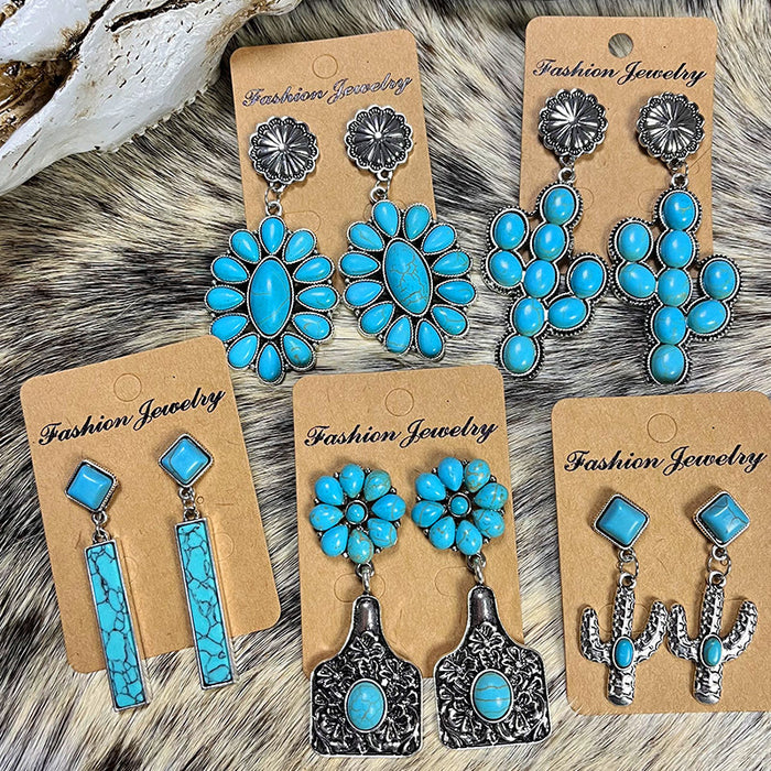 Vintage Ethnic Turquoise Flower Earrings with Alloy Western Style