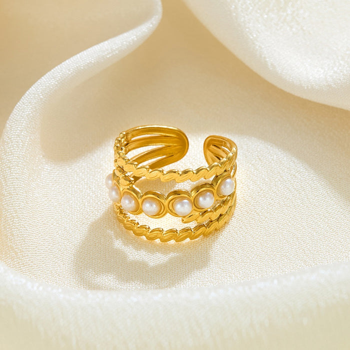 Wholesale stainless steel pearl-set geometric oval openwork ring