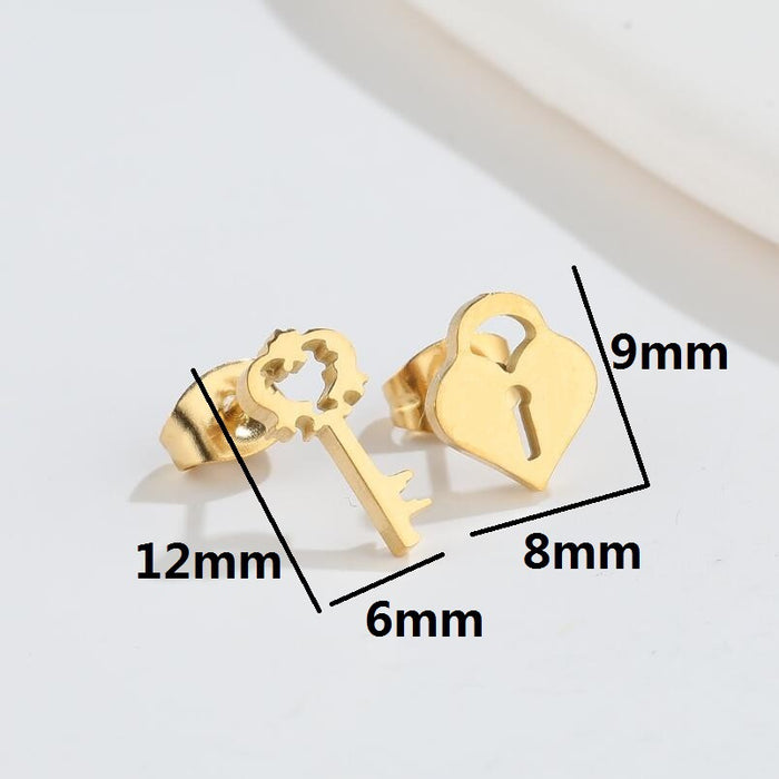 Key lock earrings, Korean and Japanese style sweet new geometric heart-shaped moon asymmetrical earrings wholesale