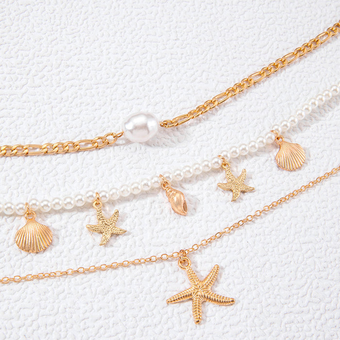 Layered Beach Necklace with Faux Pearls, Starfish, and Shell Charms - Retro Vacation Jewelry for Women