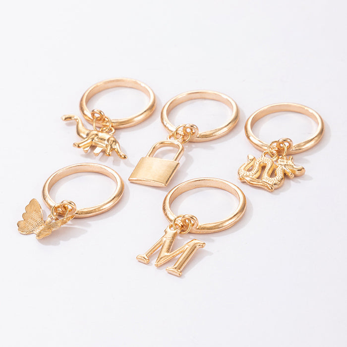 Dinosaur letter lock butterfly alloy 5-piece ring set for women