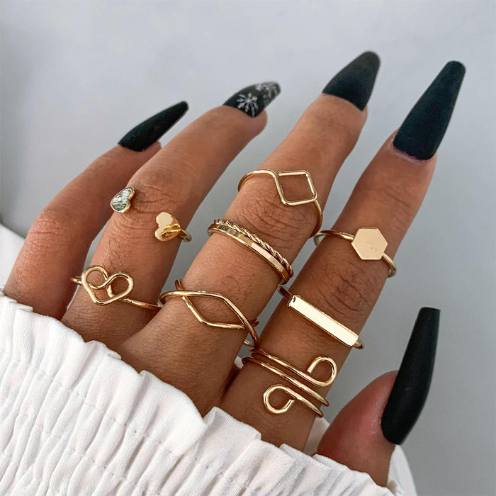 Hollow Heart Ring Set - 8-Piece Simple Geometric Twisted Rings