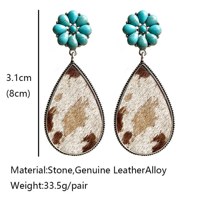 Western Animal Print Leather Earrings with Bohemian Style and Turquoise Pumpkin Flower Design