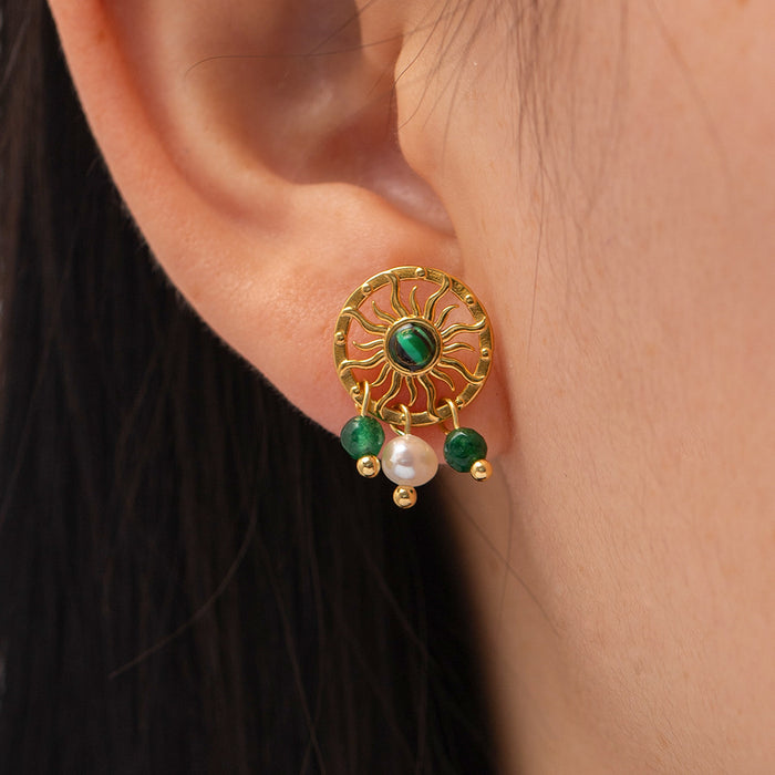 French Vintage 18K Gold Plated Stainless Steel Earrings - Natural Stone Pendant Jewelry for Women - wallojewerly 