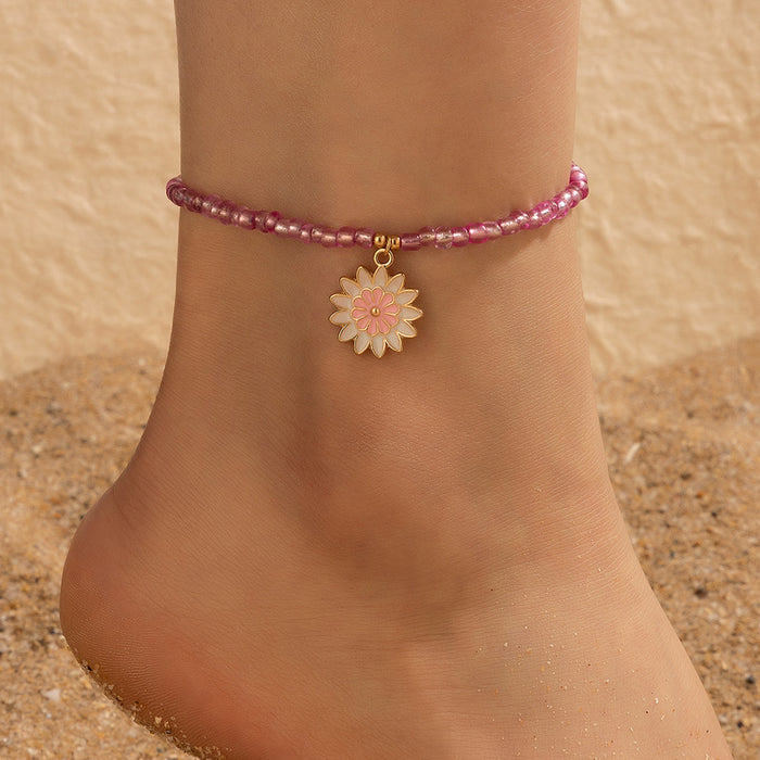 Daisy Enamel Beaded Anklet Set with Geometric Letter Quadruple-Layer Design