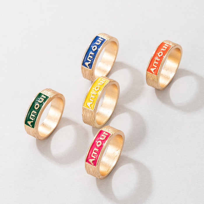 Colorful oil dripping letters simple 5-piece ring set