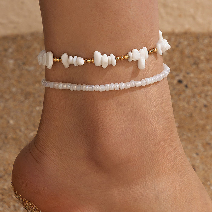 Simple White Stone Double-Layer Anklet - Chic Golden Beaded Multi-Layer Ankle Bracelets